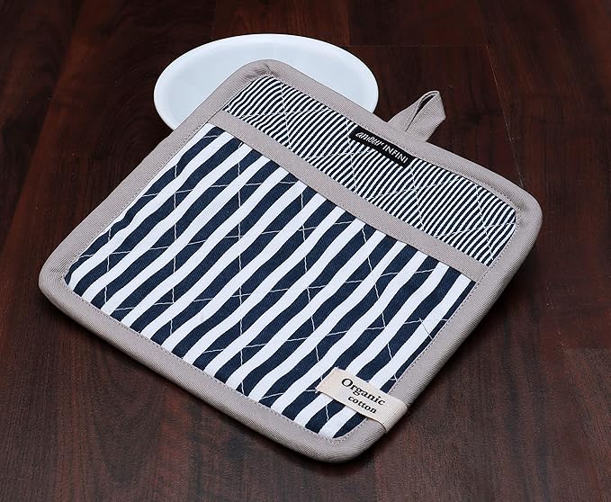 AMOUR INFINI Pot Holders Heat Resistant Cotton Set of 3 Nonslip 8"x8" Inch Hot Pads for Kitchen, BBQ, Baking & Cooking with Hanging Loops (Stripe Blue)