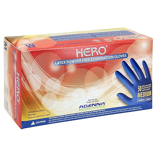 Adenna HER005 Hero 14 mil Powder-Free Latex Gloves, Extended Cuff, Medical Grade, Blue, Medium, Box of 50