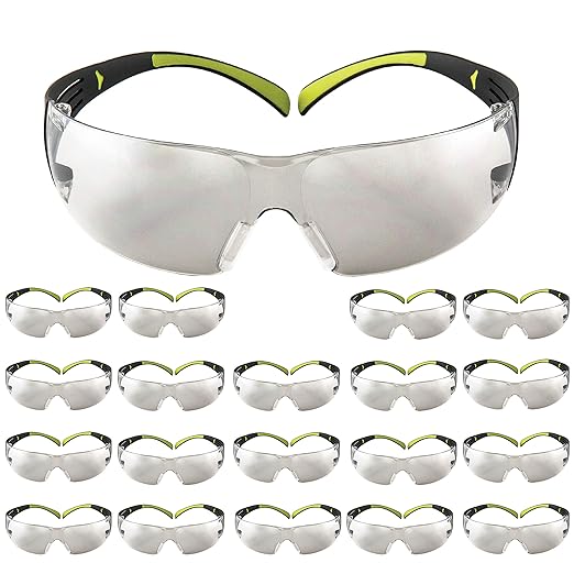 3M Safety Glasses, SecureFit, 20 Pack, ANSI Z87, Anti-Scratch Indoor/Outdoor (I/O) Mirror Lens, Green/Black Frame, Flexible Temples