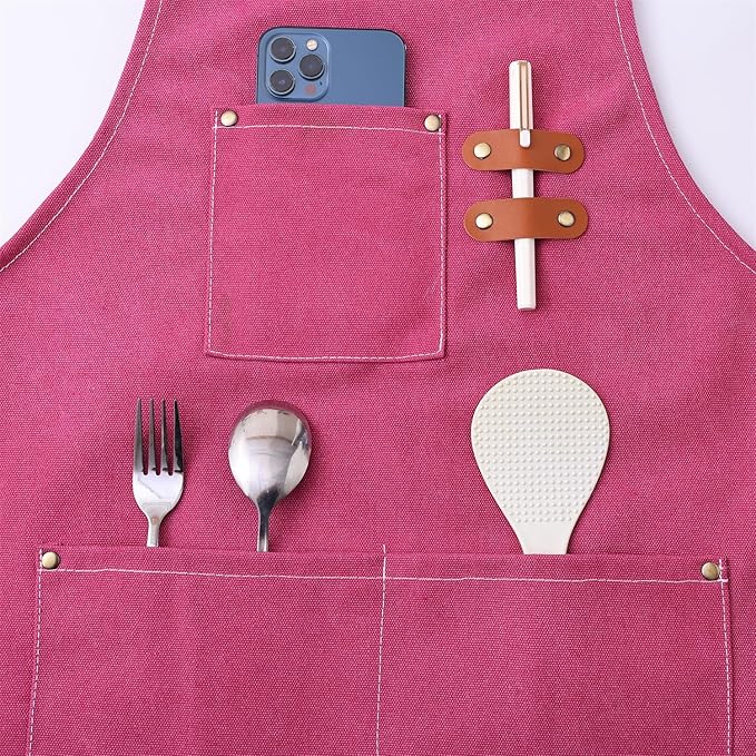 Chef Apron Medium-Thick Cotton Canvas,Cross Back with Multiple Pockets Adjustable Work Apron for Men and Women (Pink)