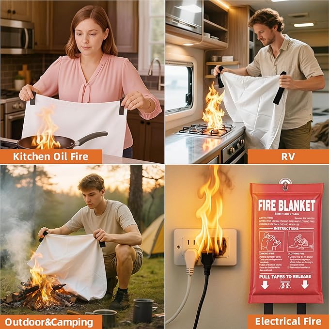 Fire Blanket 4 Pack - 40" x 40" Prepared Emergency Fire Blanket for Home and Kitchen, RV, Grill, Fireplace, Safe & Easy for Young Adults and Elderly Living Alone