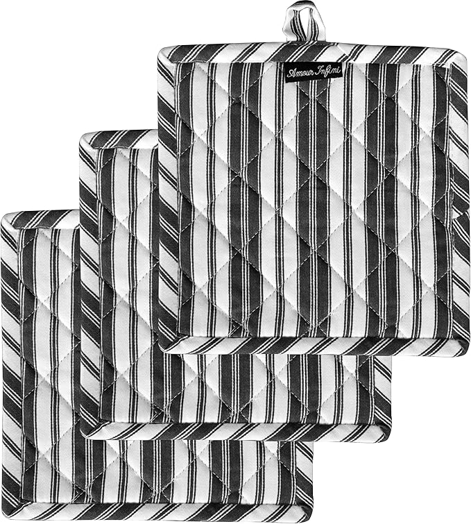 AMOUR INFINI Double Stripe Pot Holders Heat Resistant Cotton Set of 3 Nonslip 8"x8" Inch Hot Pads for Kitchen, BBQ, Baking & Cooking with Hanging Loops (Charcoal)