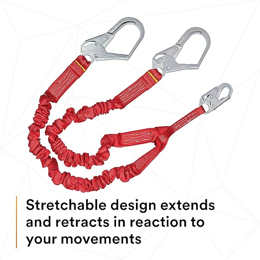 3M Protecta PRO 1340161 6', 100-Percent Elastic Shock Absorbing Lanyard, Snap Hook At Center, Steel Rebar Hooks On Leg Ends, 310 lb. Capacity, Red