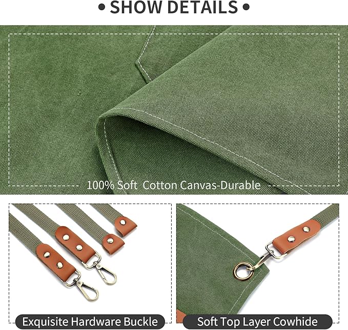 Cotton Canvas Cross Back Apron for Men and Women,Chef Apron With Adjustable Strap and Large Pockets,Kitchen Cooking Baking Bib Heavy Duty Work Apron(Army green)