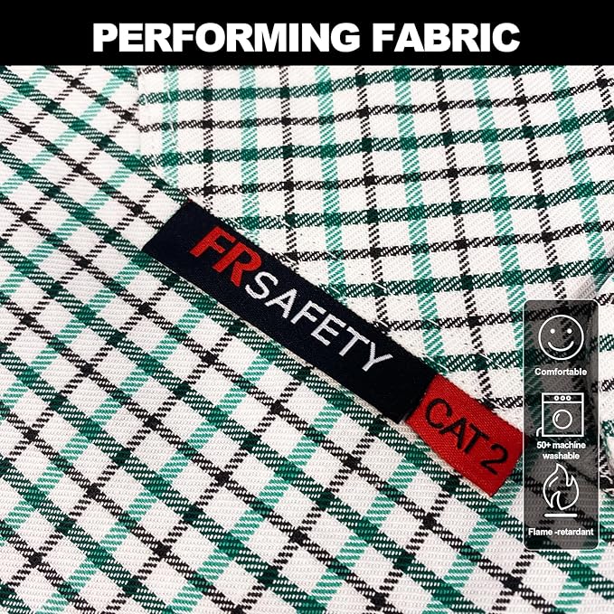 FR Shirts for Men 7oz Fire Resistant Shirts NFPA CAT2 Welding Shirt 100% Cotton Flame Resistant Shirt Greens/Plaid(Small)