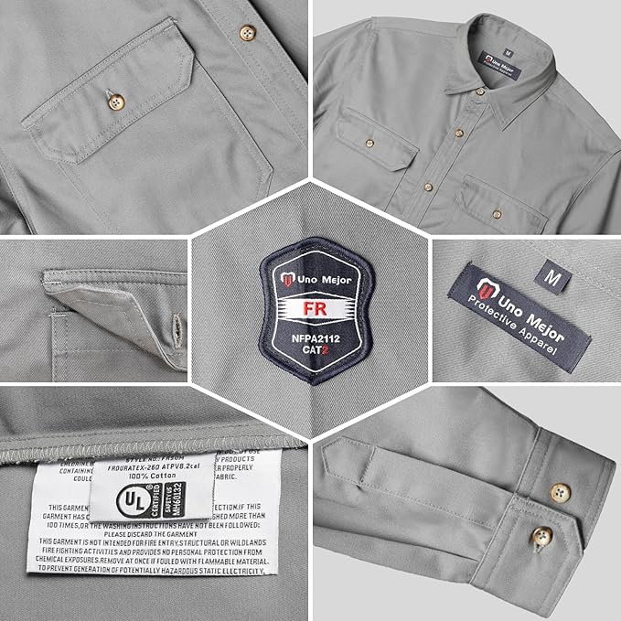 7.5oz FR Shirt, 100% C Flame Resistant Work Shirt with Reinforced Sewing, Men's Fire Retardant Shirt, Durable Welding Accessories, Meets NFPA2112, Grey-ZRND M