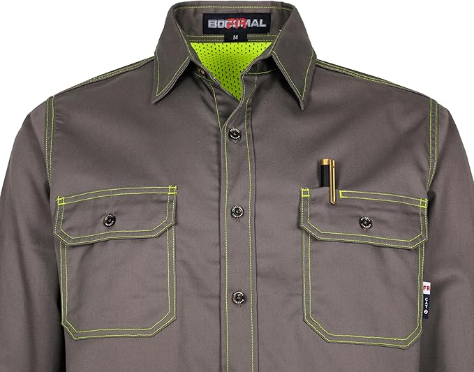 BOCOMAL FR Shirt for Summer Lightweight Vented Mesh Back and Underarm Breathable Flame Resistant Welding Button Down Shirts