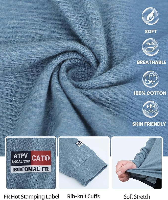 BOCOMAL FR Shirts for Summer Vented Mesh Loose Fit 4oz EX Lightweight Flame Resistant Base Layer CAT1 Crew Shirt