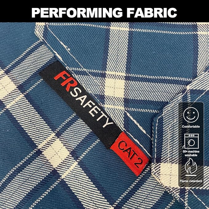 FR Shirts for Men 7oz Fire Resistant Shirts NFPA CAT2 Welding Shirt 100% Cotton Flame Resistant Shirt Blue/Plaid(X-Large)