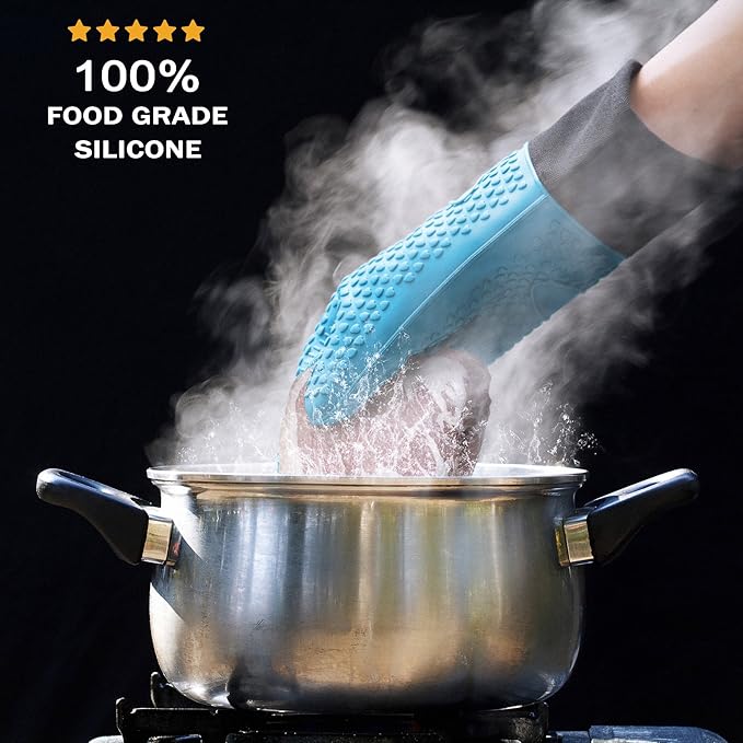 Silicone Cooking Gloves, Grilling Gloves, Heat Resistant Gloves BBQ Kitchen Silicone Oven Mitts, Long Waterproof Non-Slip Potholder for Barbecue, Cooking, Baking