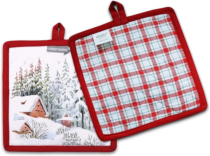 AMOUR INFINI Pot Holders and Oven Mitts 100% Cotton Christmas Winter Heat Resistant Non Slip Washable Set of 1 Oven Mitt and 1 Pot Holder Kitchen Gift Set