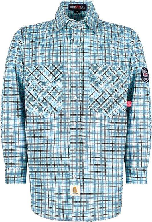 BOCOMAL FR Shirts Flame Resistant NFPA2112/CAT2 6.5oz Light Weight Printed Fire Retardant Plaid Shirt