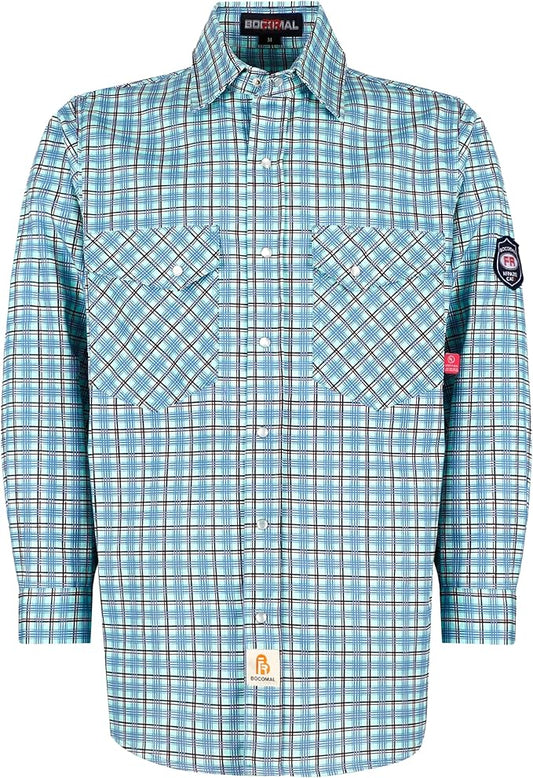 BOCOMAL FR Shirts Flame Resistant NFPA2112/CAT2 6.5oz Light Weight Printed Fire Retardant Plaid Shirt