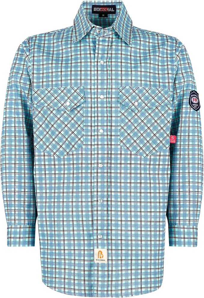 BOCOMAL FR Shirts Flame Resistant NFPA2112/CAT2 6.5oz Light Weight Printed Fire Retardant Plaid Shirt