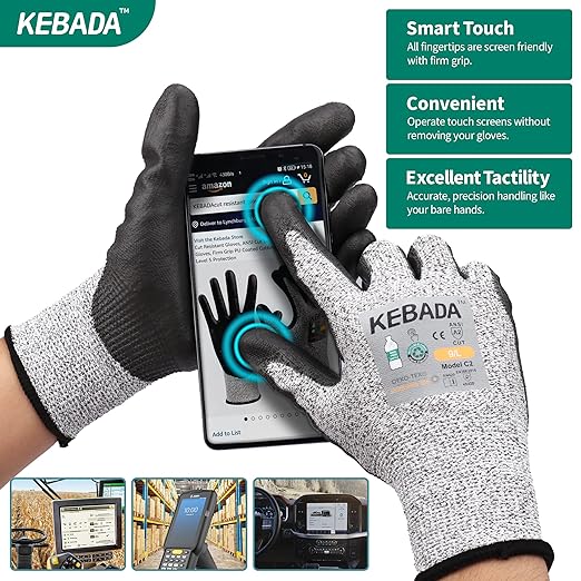 Kebada Cut Resistant Gloves, ANSI A2 Cutting Glove, PU Coated, Touchscreen, Multi-Purpose Model C2, 1 Pair, Medium