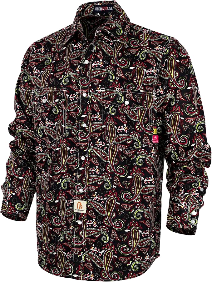 BOCOMAL FR Shirts Printed Paisley/Hawaii Lightweight Pearl Snaps/Button Down Flame Resistant NFPA2112 CAT2 Work Shirt