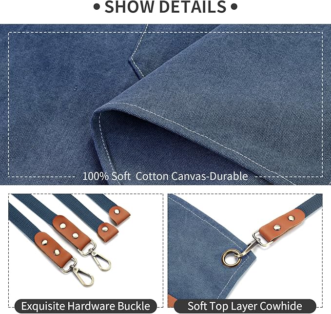Cotton Canvas Cross Back Apron for Men and Women,Chef Apron With Adjustable Strap and Large Pockets,Kitchen Cooking Baking Bib Heavy Duty Work Apron