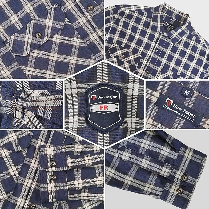 FR Shirts for Men 6.25oz Welding Shirt, 100% C Flame Resistant Welding Jacket, Men's Fire Retardant FR Clothing for Men, Durable Welding Gear for Safety Work, Navy-Plaid XL