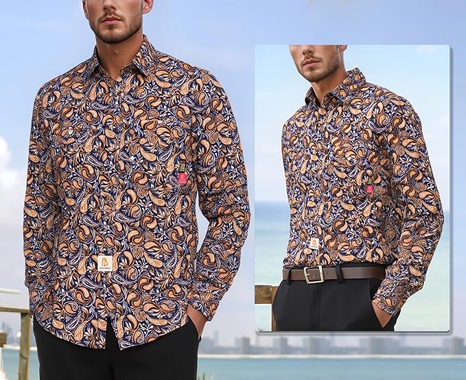 BOCOMAL FR Shirts Printed Paisley/Hawaii Lightweight Pearl Snaps/Button Down Flame Resistant NFPA2112 CAT2 Work Shirt