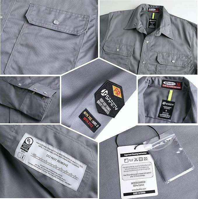 JKSafety 7oz FR Shirts for Men Women NFPA 70E 2112 ARC 2 Fire Resistant Welding Shirts FRC Long Sleeve Safety Workwear