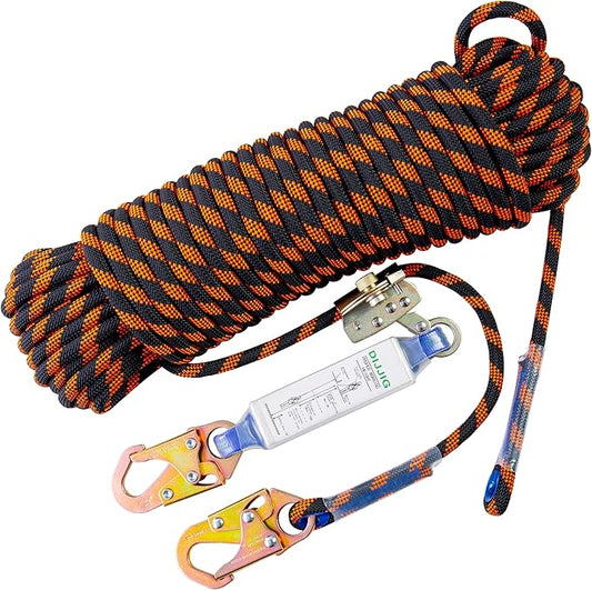 Rope Harness Safety Lanyard 150ft Vertical Roofing Rope with Grab Snap Hooks Shock Absorber Fall Protection Tree Climbing Line Kit Heavy Duty Roof Safety Equipment ANSI CE