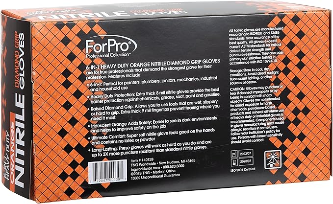 ForPro Heavy Duty Disposable Nitrile Gloves, Orange