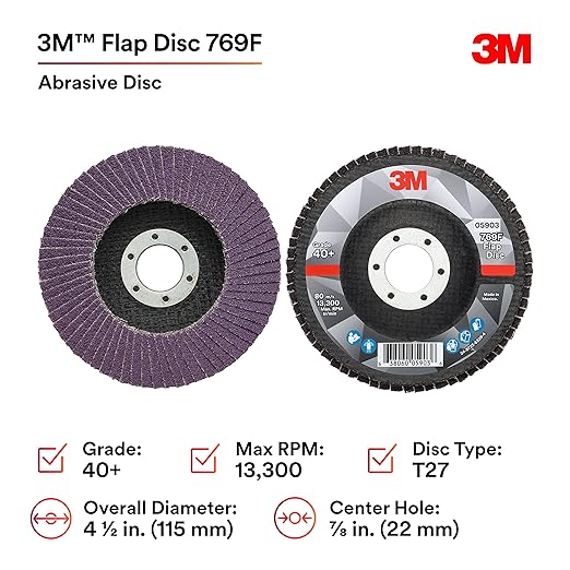 3M Flap Disc 769F, Type 27, 40+, 4-1/2 in x 7/8 in, High Performance Abrasive, Ceramic Precision-Shaped Grain Grinding and Finishing Disc, Carbon Steel, Stainless Steel