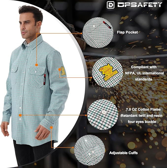 FR Shirts for Men 7oz Fire Resistant Shirts NFPA CAT2 Welding Shirt 100% Cotton Flame Resistant Shirt Greens/Plaid(X-Large)