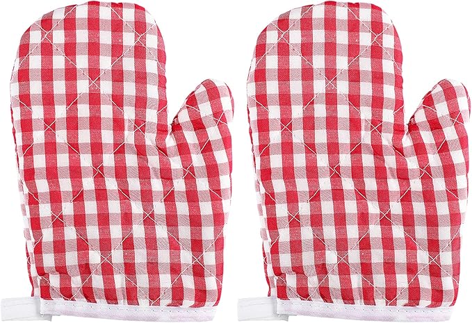 2Pcs Oven Mitts for Play Kitchen, Anti- Scald Gloves Microwave Oven Gloves Kitchen Mitts for Safe Baking Cooking ( Red Checkered )