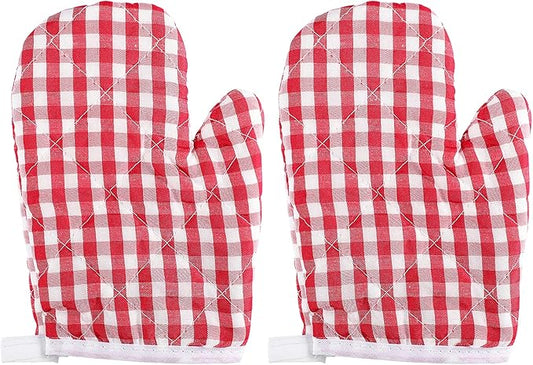 2Pcs Oven Mitts for Play Kitchen, Anti- Scald Gloves Microwave Oven Gloves Kitchen Mitts for Safe Baking Cooking ( Red Checkered )
