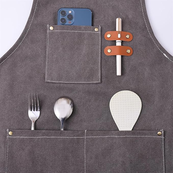 Chef Apron Medium-Thick Cotton Canvas,Cross Back with Multiple Pockets Adjustable Work Apron for Men and Women (Grey)