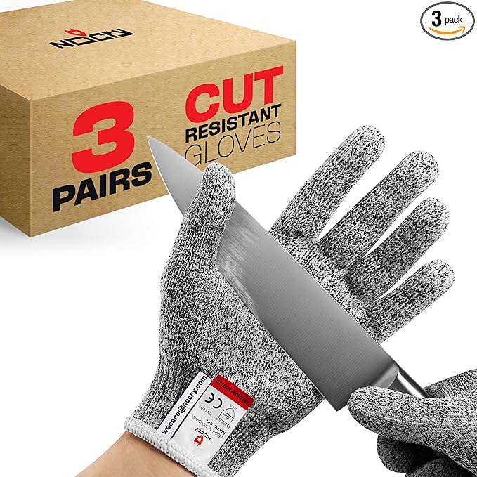 NoCry Premium Cut Resistant Gloves Food Grade — Level 5 Protection; Ambidextrous; Machine Washable; Superior Comfort and Dexterity; Lightweight; Complimentary eBook (3-pack)