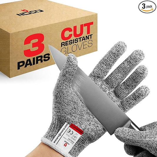 NoCry Premium Cut Resistant Gloves Food Grade — Level 5 Protection; Ambidextrous; Machine Washable; Superior Comfort and Dexterity; Lightweight; Complimentary eBook (3-pack)