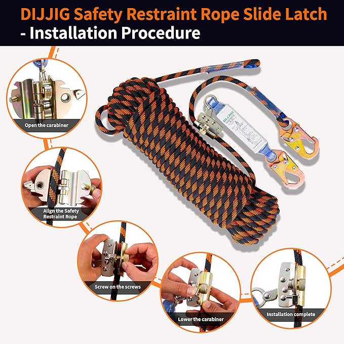 Rope Harness Safety Lanyard 100ft Vertical Roofing Rope with Grab Snap Hooks Shock Absorber Fall Protection Tree Climbing Line Kit Heavy Duty Roof Safety Equipment ANSI CE