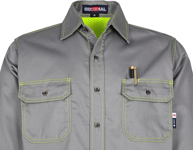 BOCOMAL FR Shirt for Summer Lightweight Vented Mesh Back and Underarm Breathable Flame Resistant Welding Button Down Shirts