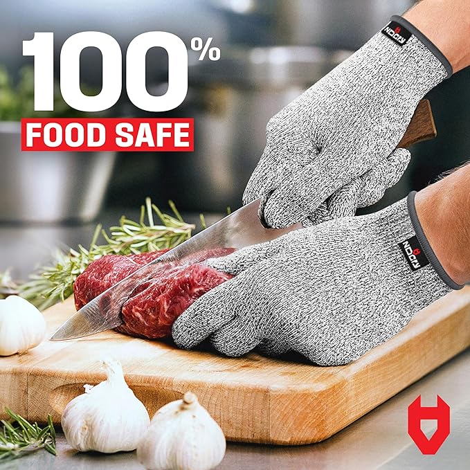 NoCry Premium Cut Resistant Gloves Food Grade — Level 5 Protection; Ambidextrous; Machine Washable; Superior Comfort and Dexterity; Lightweight; Complimentary eBook (10-pack)