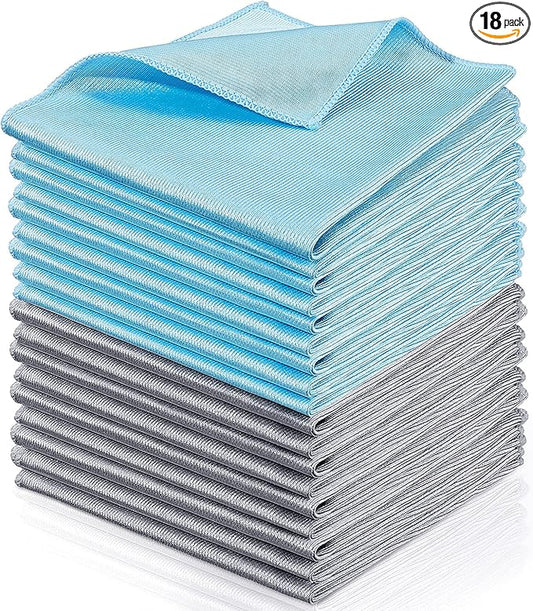 Tatuo 18 Pcs Microfiber Glass Cleaning Cloths (16 x 16) Polishing Cloth - Streak Free - Lint Free - Quickly Clean Windows, Glasses, Windshields, Mirrors, Stainless Steel, Monitor(Blue Gray)