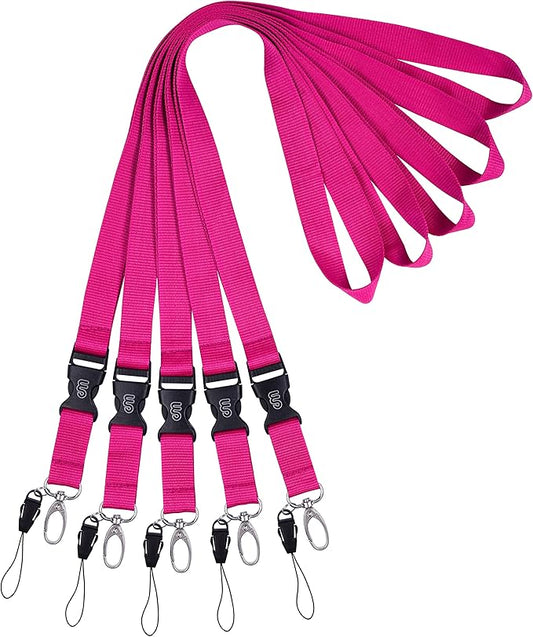 Wisdompro Office Lanyard, 5pcs 23 inch Polyester Neck Strap with Oval Clasp and Detachable Buckle for ID Badges, Keys, Keychains, Phones, Camera, USB - Hot Pink