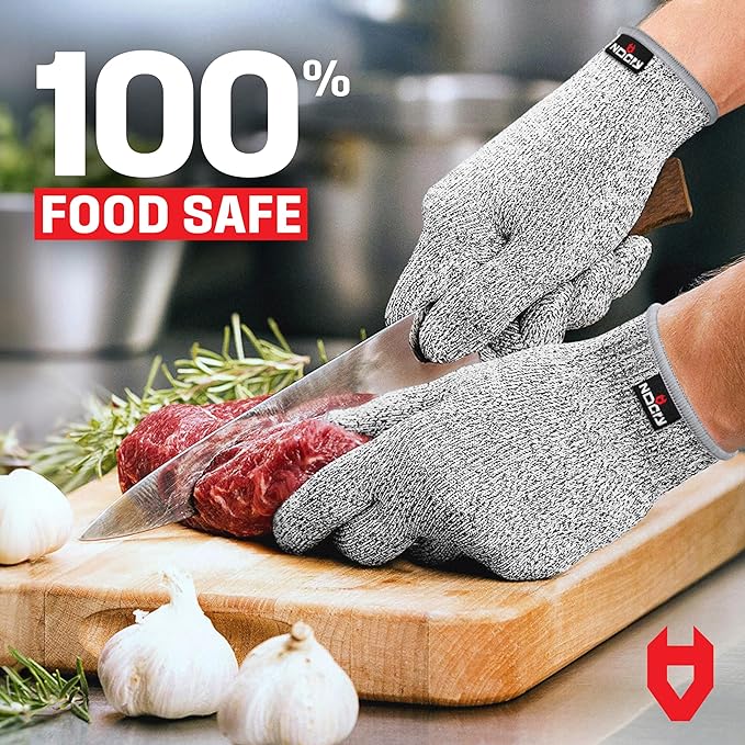 NoCry Premium Cut Resistant Gloves Food Grade — Level 5 Protection; Ambidextrous; Machine Washable; Superior Comfort and Dexterity; Lightweight; Complimentary eBook