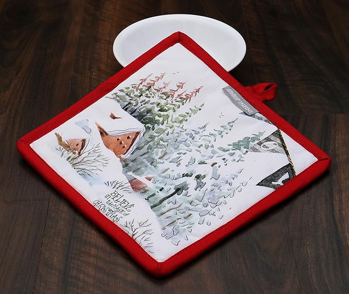 AMOUR INFINI Pot Holders and Oven Mitts 100% Cotton Christmas Winter Heat Resistant Non Slip Washable Set of 1 Oven Mitt and 1 Pot Holder Kitchen Gift Set