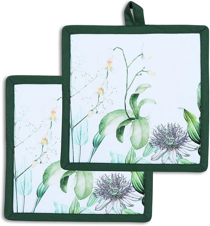 AMOUR INFINI Pot Holders Heat Resistant Cotton Set of 2 Nonslip 8"x8" Inch Hot Pads for Kitchen, BBQ, Baking & Cooking with Hanging Loops (Floral Shrubs)
