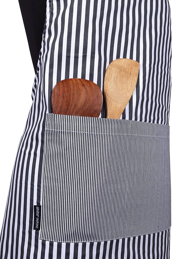 AMOUR INFINI Cotton Aprons for Women with Pockets Adjustable Strap and Waist Ties Printed Reusable Aprons for Baking, Cooking, Gardening (27.5 x 33 Inches - Charcoal)
