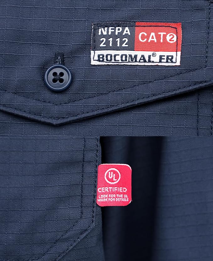 BOCOMAL FR Shirts 6oz Ripstop Durable Rugged Zipper Pocket Water Repellent Finish Fire Resistant Shirt-CAT2
