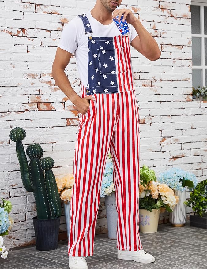 Men's American Flag Bib Overalls with Zipper Denim Romper Adjustable Straps USA Onesie 4th of July Jumpsuit