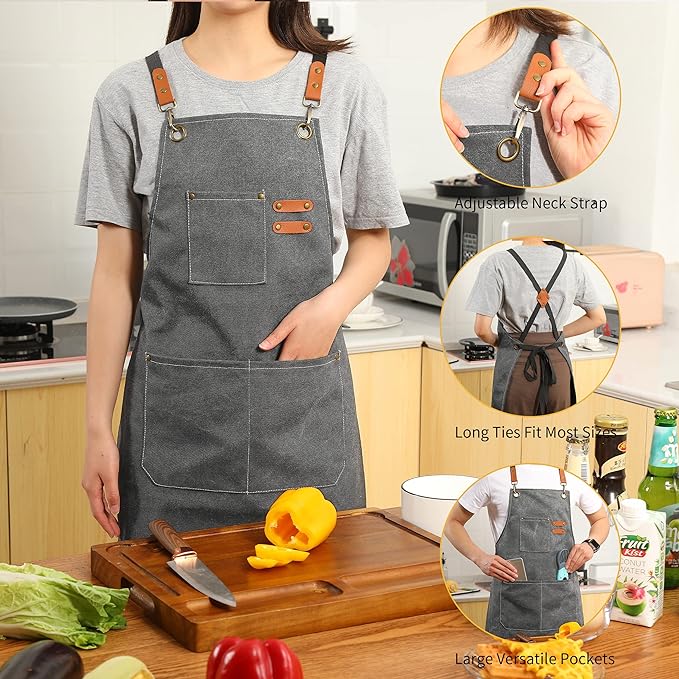 Tosewever Canvas Cross Back Chef Cotton Aprons for Men Women with Large Pockets