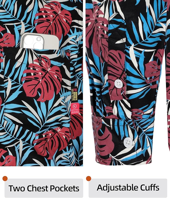 BOCOMAL FR Shirts Printed Paisley/Hawaii Lightweight Pearl Snaps/Button Down Flame Resistant NFPA2112 CAT2 Work Shirt
