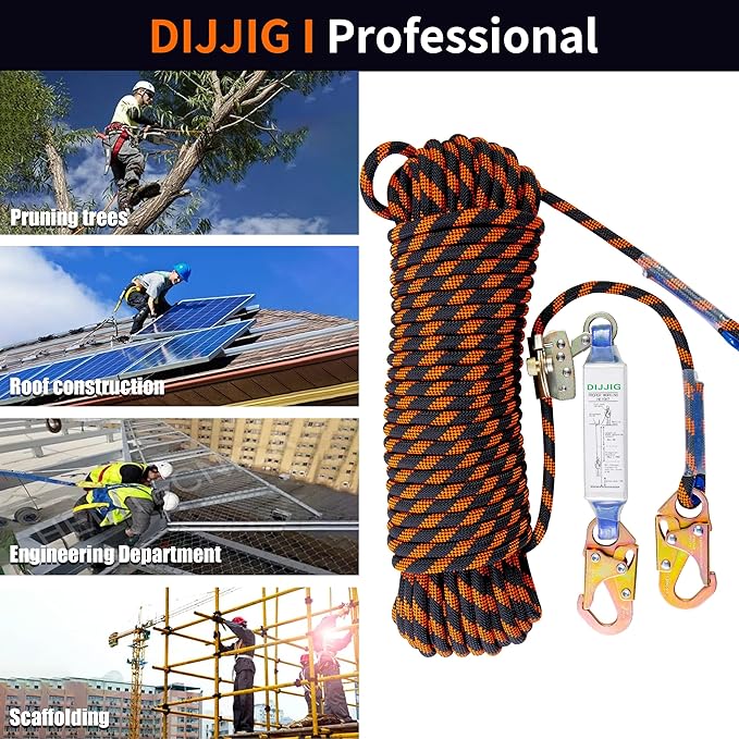 Rope Harness Safety Lanyard 150ft Vertical Roofing Rope with Grab Snap Hooks Shock Absorber Fall Protection Tree Climbing Line Kit Heavy Duty Roof Safety Equipment ANSI CE