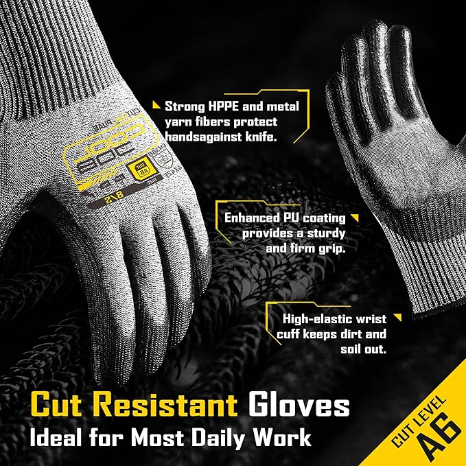 COOLJOB 12/120 Pairs A6 Cut Resistant Safety Work Gloves with Grip, Breathable Lightweight Polyurethane Coated Gloves
