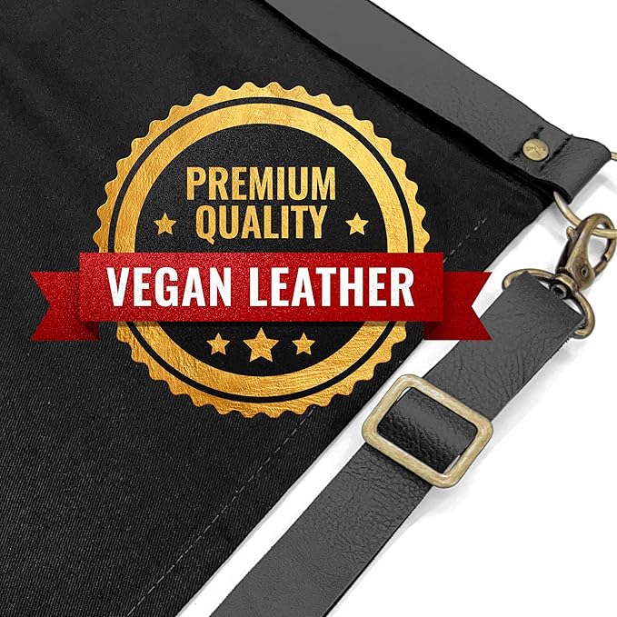 Under NY Sky Half Barista Apron - Black Leather Strap - Riveted Pockets - Double Stiched - Leather Loop - Professional Twill - Bistro, Restaurant, Waiter, Bartender, Server - Black Half Waist Apron