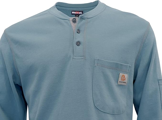 BOCOMAL FR Shirts Flame Resistant Henley Shirt NFPA2112/CAT2 7oz Men's Long Sleeve Fire Retardant Clothing